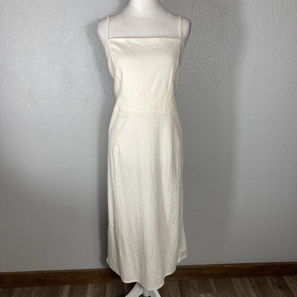 Womens Midi Slip Dress 16 Cream Linen Lace Tie Corset Coastal Cottage Milkmaid
